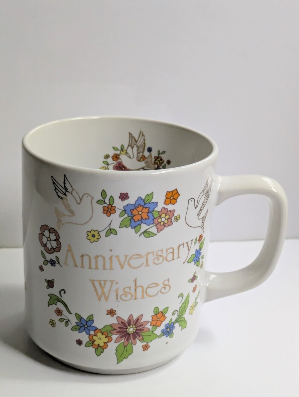 Anniversary Wishes Vintage Enesco Coffee Mug 1984 Japan Birds Flowers Gift Retro